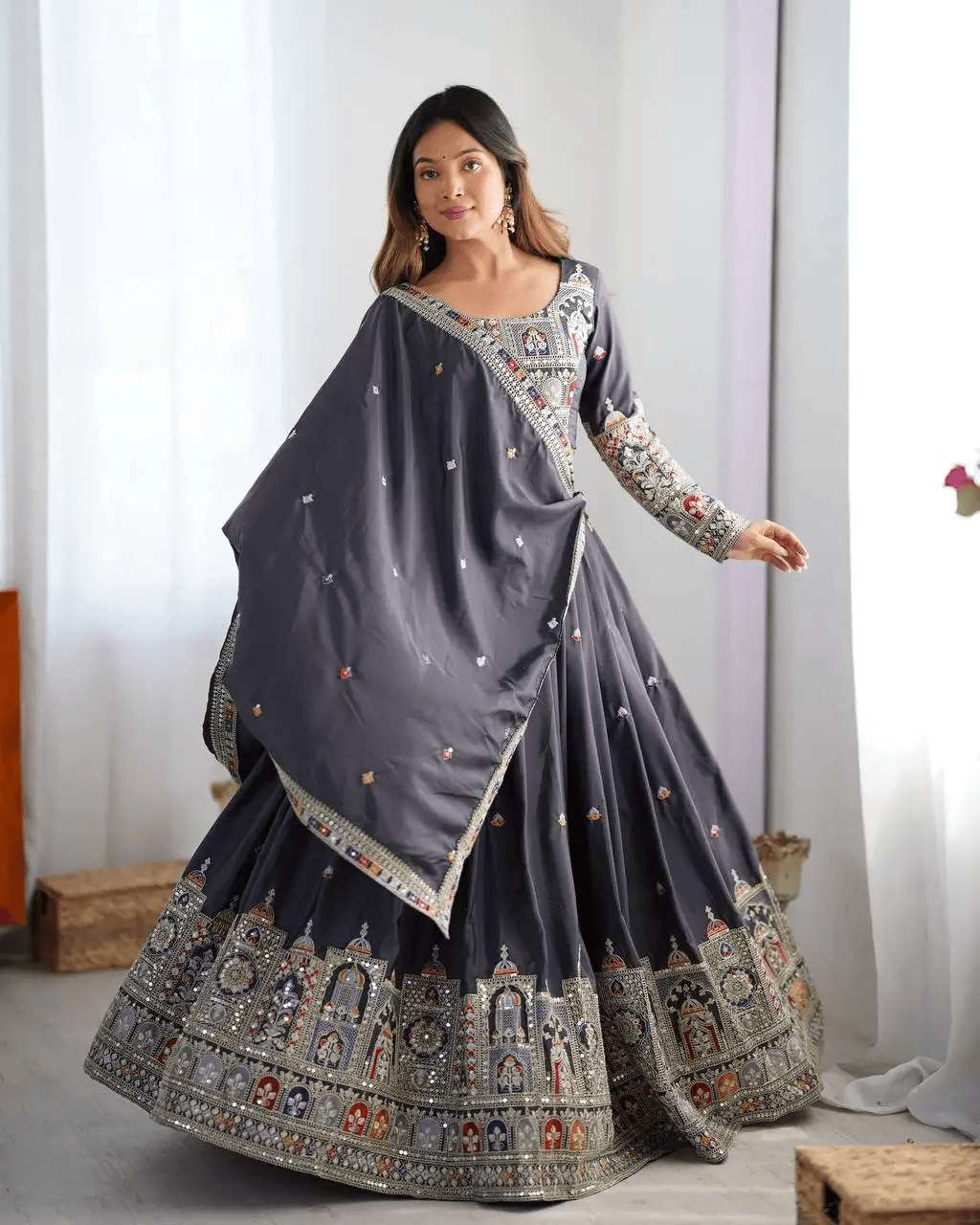 Women's Crepe Silk Sequence Embroidery and Zari Work Rajsthani Lehenga Choli with Dupatta - Image 10
