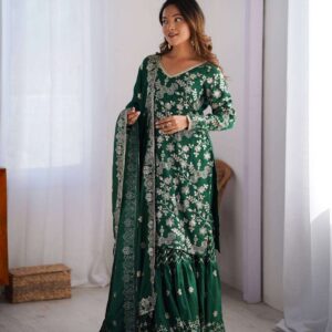 Women's Chinon Silk Embroidery Sequence Work Straight Kurti With Sharara Suit and Dupatta Set